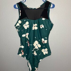 Sheer Top Green White Floral One Piece Criss Cross Back Size Large